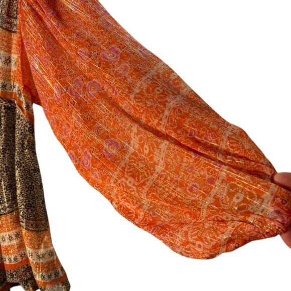 Free People Boho Chic Long-Sleeve Peasant Top With Orange & Black Patterned - Picture 3 of 14